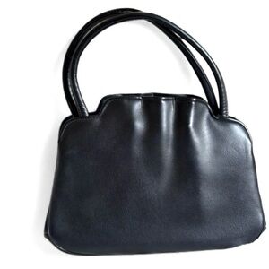 Vintage Black Leather Handbag scallop top